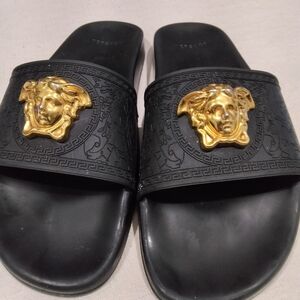 Versace Men's Black Slides with Gold Medusa